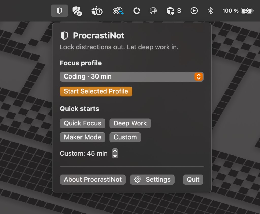 RubyMatilda Menü-Bar Ansicht zum Starten eines Fokusprofils