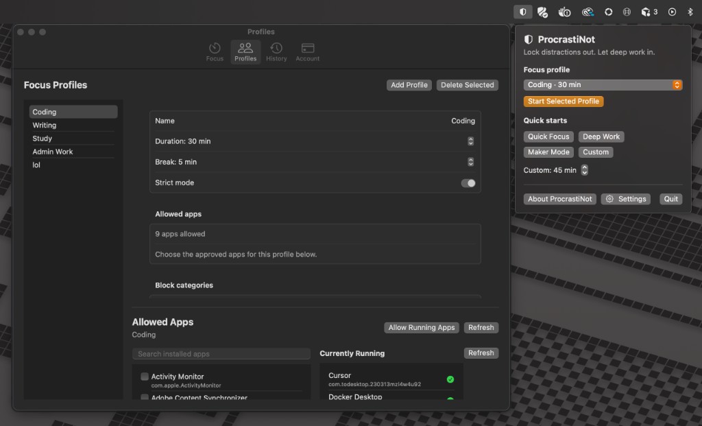 RubyMatilda Einstellungen mit Fokusprofilen und erlaubten Apps